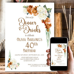 Burnt Orange Floral 40th Birthday Dinner Party Invitation