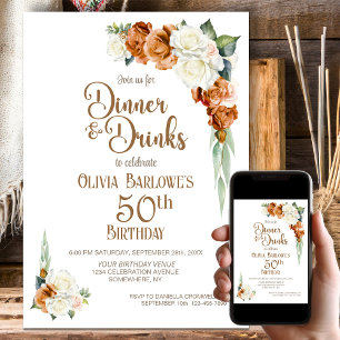 Burnt Orange Floral 50th Birthday Dinner Party Invitation