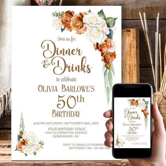 Burnt Orange Floral 50th Birthday Dinner Party Invitation (Creator Uploaded)