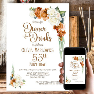 Burnt Orange Floral 55th Birthday Dinner Party Invitation