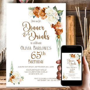 Burnt Orange Floral 65th Birthday Dinner Party Invitation