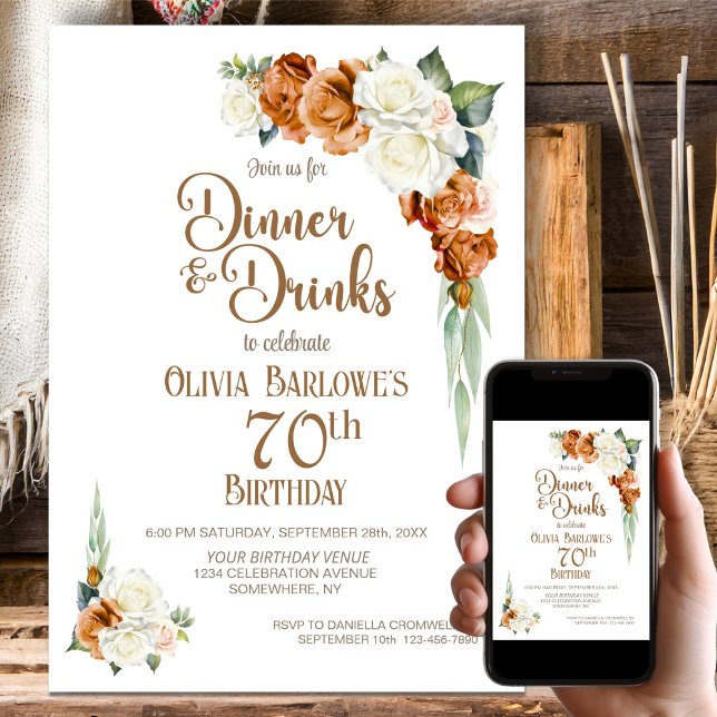 Burnt Orange Floral 70th Birthday Dinner Party Invitation (Creator Uploaded)