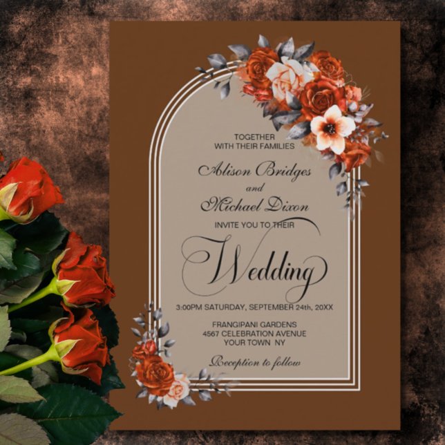 Burnt Orange Floral Arch Beige Terracotta Wedding Invitation (Creator Uploaded)