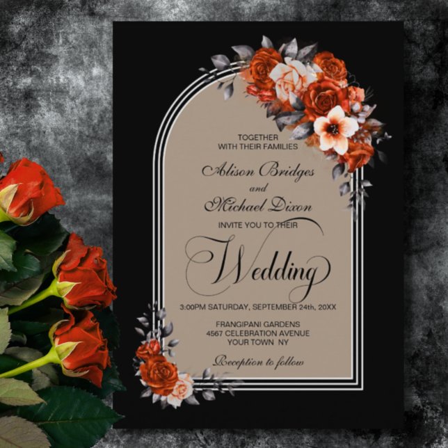 Burnt Orange Floral Arch Black Beige Wedding Invitation (Creator Uploaded)