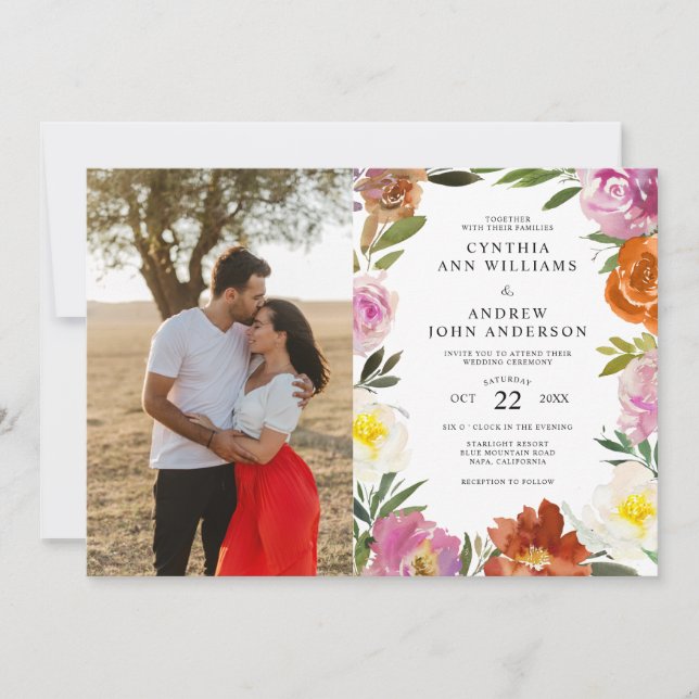 Burnt Orange Floral Blossom Custom Photo Wedding Invitation (Front)