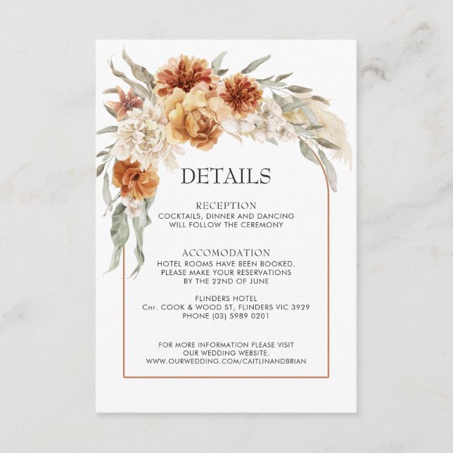 Burnt Orange Floral Boho Wedding Details Card (Front)