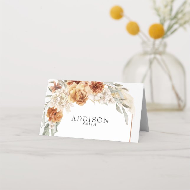 Burnt Orange Floral Boho Wedding Place Card (Front)