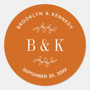 Burnt Orange Floral Botanical Wedding Couple Name Classic Round Sticker