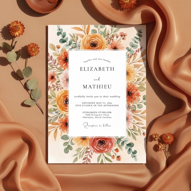 Burnt Orange Floral Brushstroke Wedding Invitation (Creator Uploaded)