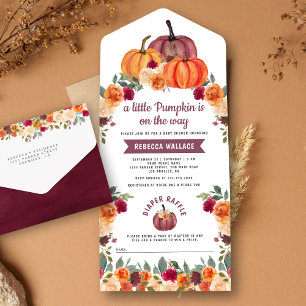 Burnt Orange Floral Burgundy Pumpkin Baby Shower All In One Invitation