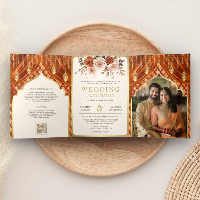 Burnt Orange Floral Curtain Indian Hindu Wedding Tri-Fold Invitation (Creator Uploaded)