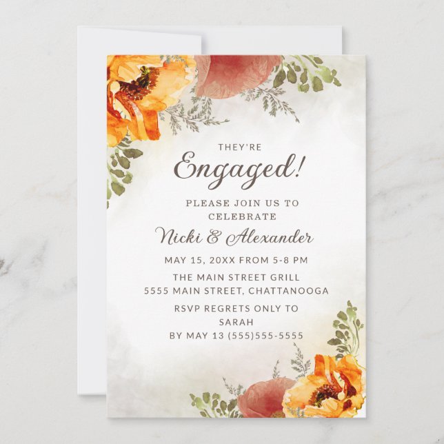 Burnt Orange Floral Fall Autumn Wedding Engagement Invitation (Front)