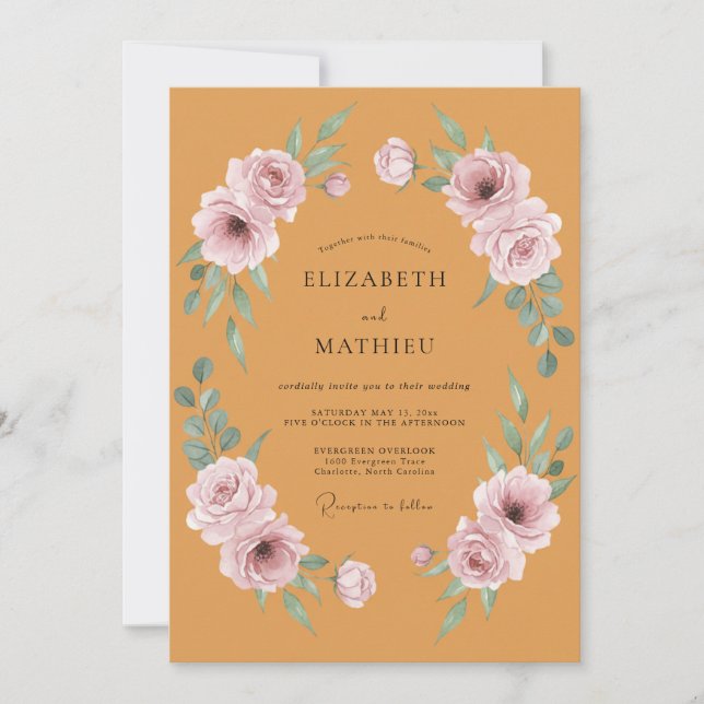 Burnt Orange Floral Flourish Wedding Invitation (Front)