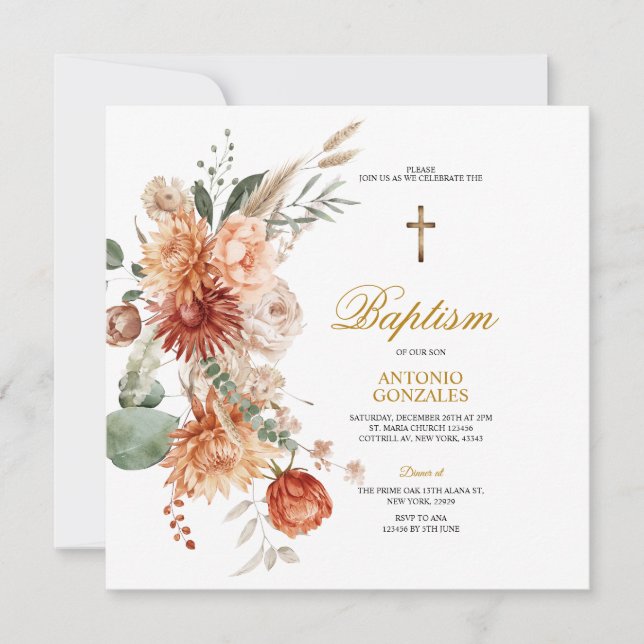 Burnt Orange Floral Gold Cross Baptism Christening Invitation (Front)