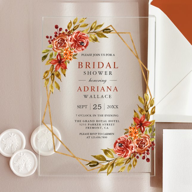 Burnt Orange Floral Gold Frame Fall Bridal Shower Acrylic Invitations (Creator Uploaded)