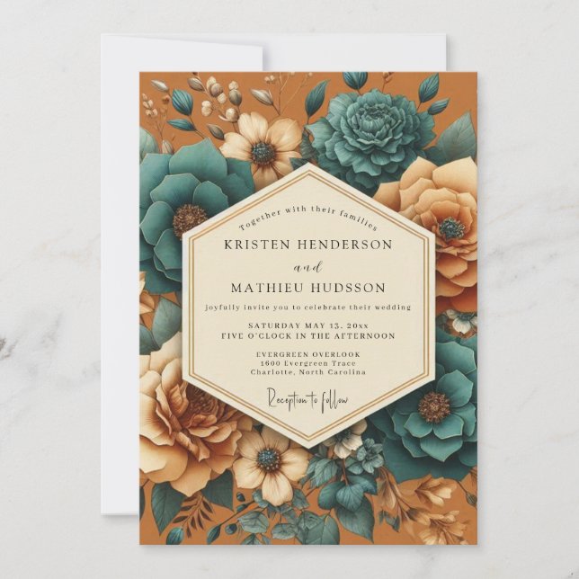 Burnt Orange Floral Opulent Wedding Invitation (Front)