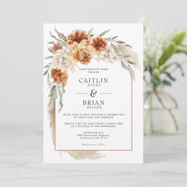 Burnt Orange Floral Pampas Arch Boho Wedding Invitation (Standing Front)