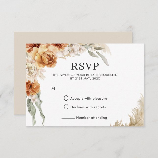 Burnt Orange Floral Pampas Boho Wedding  RSVP Card (Front/Back)