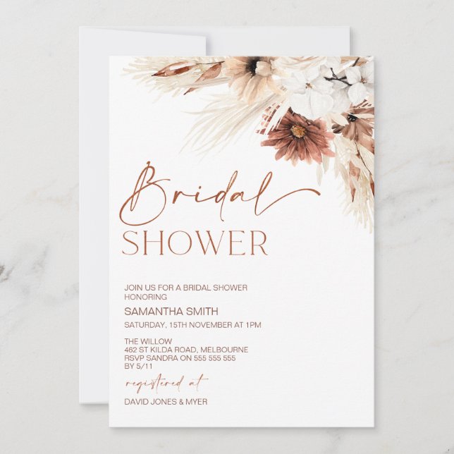Burnt Orange Floral Pampas Grass Bridal Shower Invitation (Front)