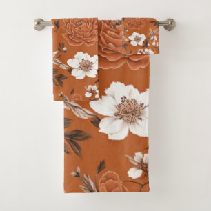 Burnt Orange Floral Pattern Bath Towel Set