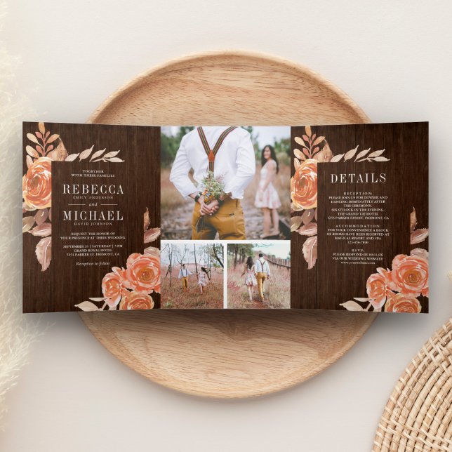 Burnt Orange Floral Photo Collage Wood Wedding Tri-Fold Invitation (Creator Uploaded)