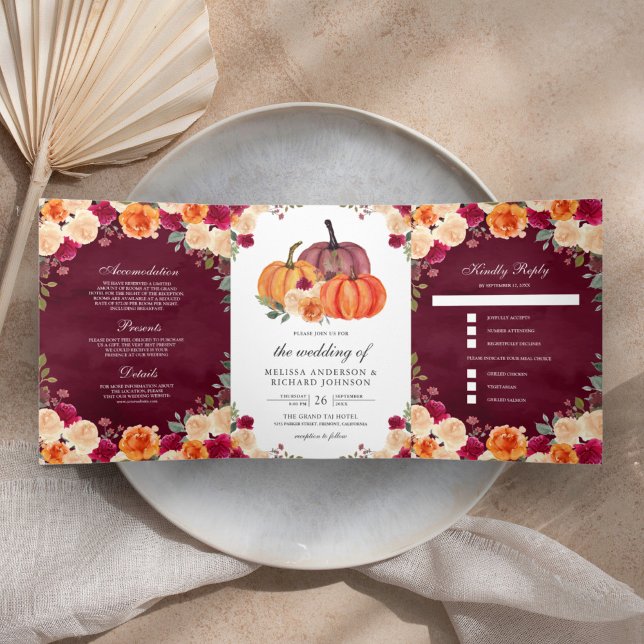 Burnt Orange Floral Pumpkin Burgundy Wedding Tri-Fold Invitation (Creator Uploaded)