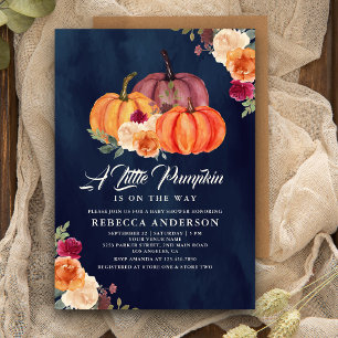 Burnt Orange Floral Pumpkin Navy Blue Baby Shower Invitation