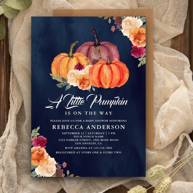 Burnt Orange Floral Pumpkin Navy Blue Baby Shower Invitation (Creator Uploaded)