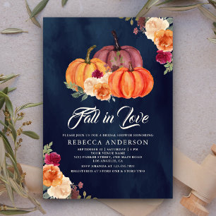 Burnt Orange Floral Pumpkin Navy Bridal Shower Invitation