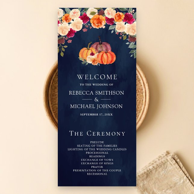 Burnt Orange Floral Pumpkin Navy Wedding Program (Creator Uploaded)