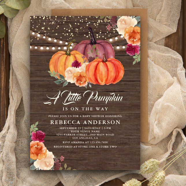 Burnt Orange Floral Pumpkin Wood Baby Shower Invitation (Creator Uploaded)