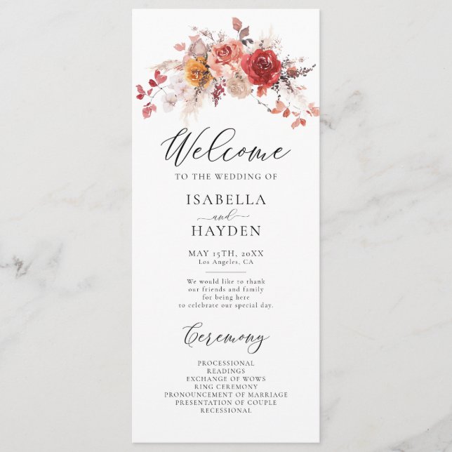 Burnt Orange Floral Rustic Fall Autumn Wedding Programme (Front)