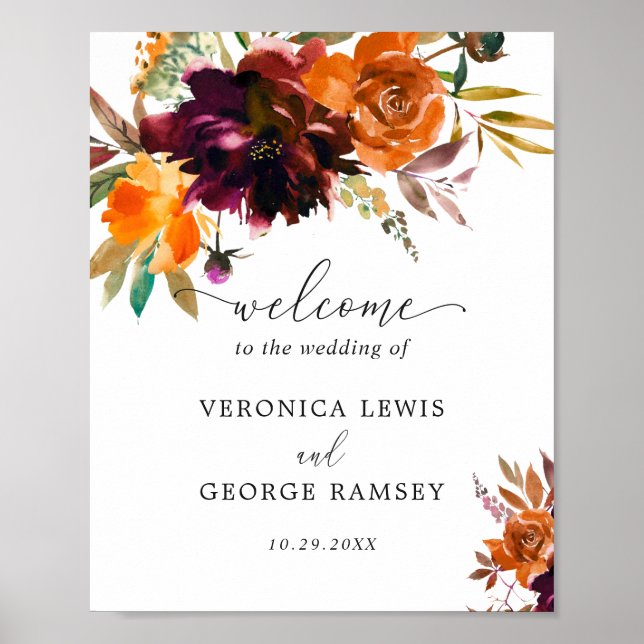 Burnt Orange Floral Rustic Fall Wedding Welcome Poster (Front)