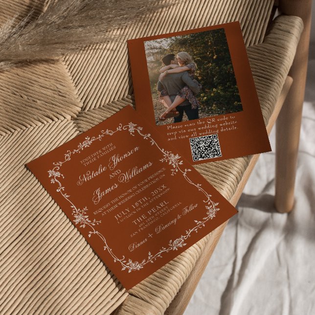 Burnt Orange Floral Terracotta QR Code Wedding Invitation (Creator Uploaded)