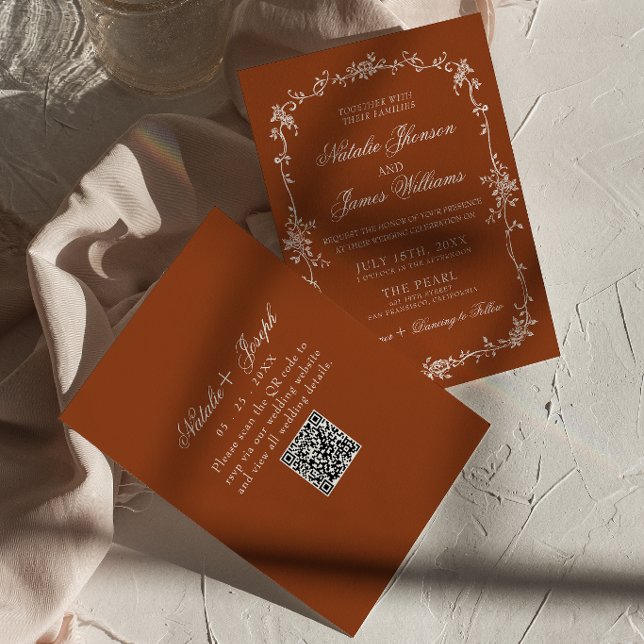 Burnt Orange Floral Terracotta QR Code Wedding Invitation (Creator Uploaded)