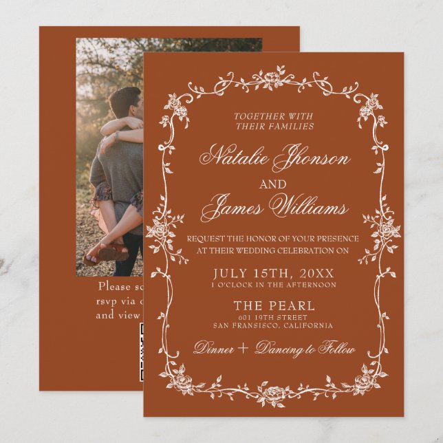 Burnt Orange Floral Terracotta QR Code Wedding Invitation (Front/Back)