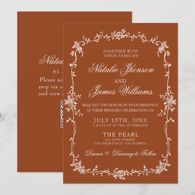 Burnt Orange Floral Terracotta QR Code Wedding Invitation (Front/Back)