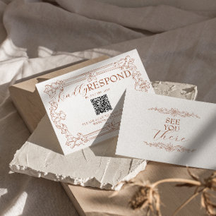 Burnt Orange Floral Terracotta QR Code Wedding RSVP Card