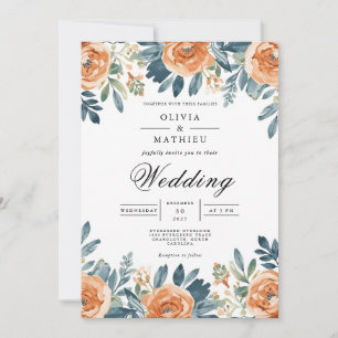 Burnt Orange Floral Watercolor Wedding Invitation