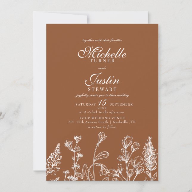 Burnt Orange Floral Wedding Invitations (Front)