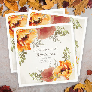 Burnt Orange Floral Wedding Reception Bride Groom Napkin