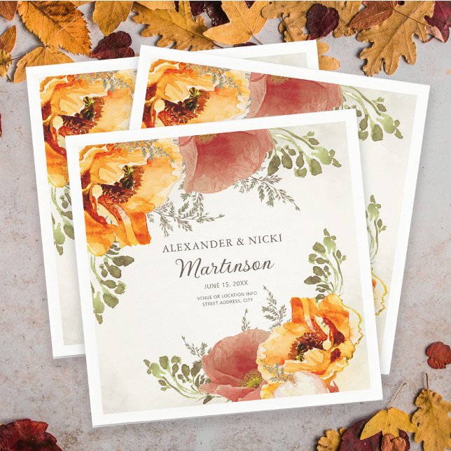 Burnt Orange Floral Wedding Reception Bride Groom Napkin (Creator Uploaded)