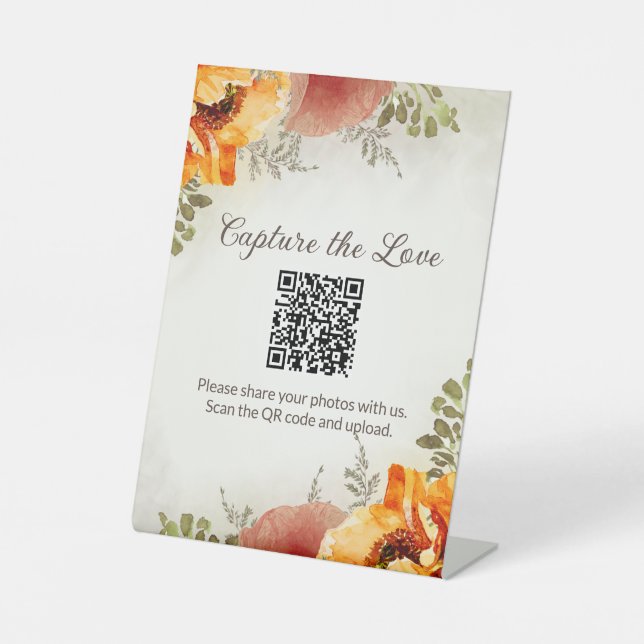 Burnt Orange Floral Wedding Share Photos QR Code Pedestal Sign (Front)