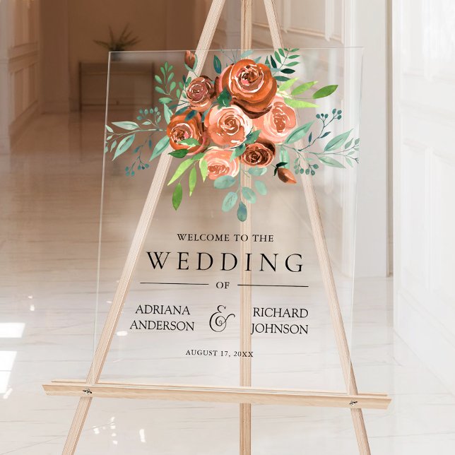 Burnt Orange Floral Wedding Welcome Acrylic Sign (Creator Uploaded)