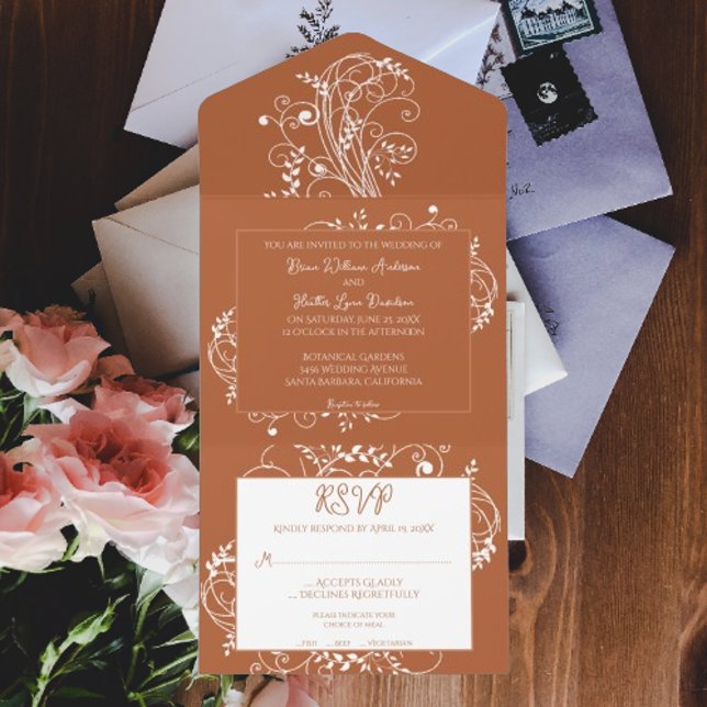 Burnt Orange Flourish Wedding All In One Invitation (Burnt Orange Flourish All in One Wedding Invite)