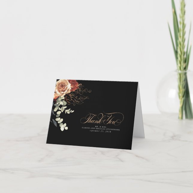 Burnt Orange Flowers Black Wedding Thank You Card (Front)