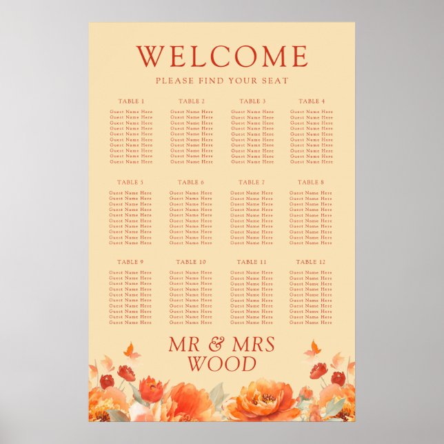 Burnt Orange Flowers Fall Wedding Seating Chart (Front)