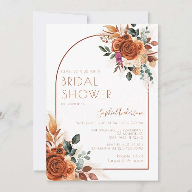 Burnt Orange Flowers Pampas Grass Bridal Shower Invitation (Front)