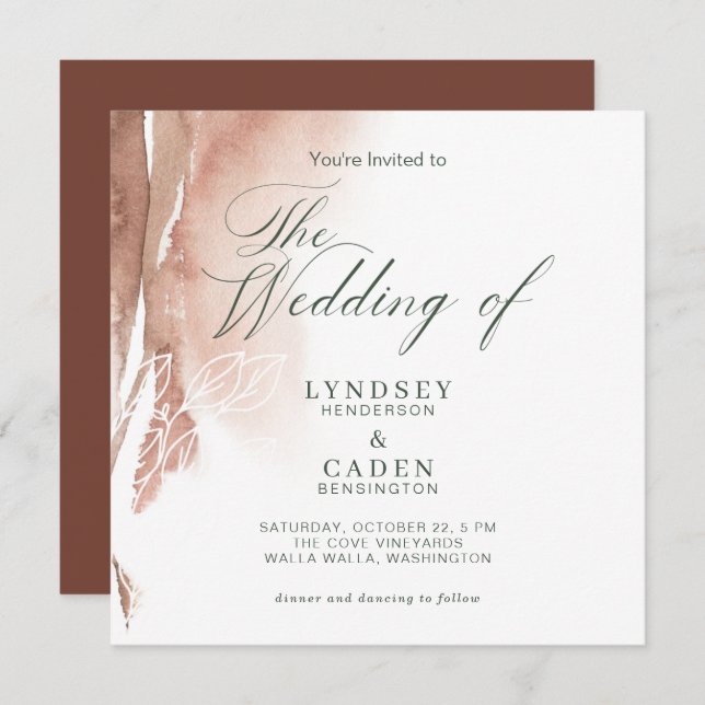 Burnt Orange Forest Green Watercolor Wedding Invitation (Front/Back)