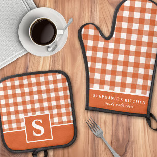 Burnt Orange Gingham Plaid Chequered Monogrammed Oven Mitt & Pot Holder Set